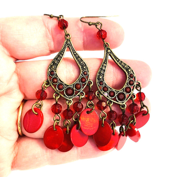 Boho Fashion Pierced Earrings Antiqued Goldtone Red Beaded Dangle Hoops Festival - Picture 6 of 6